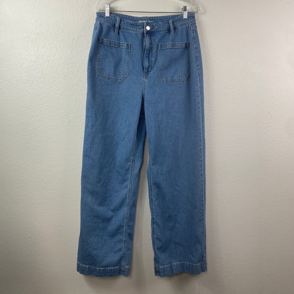ON 34TH Womens High‎ Rise Wide Leg Jeans Blue Medium Wash Patch Pockets 14/32